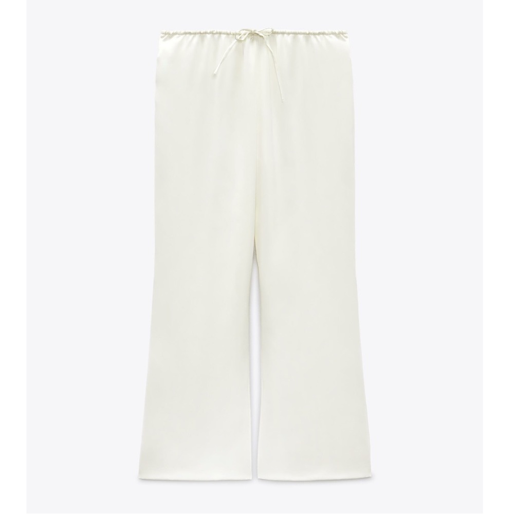 NWT Zara Satin Effect Straight Leg Drawstring stretchy Pants white cream